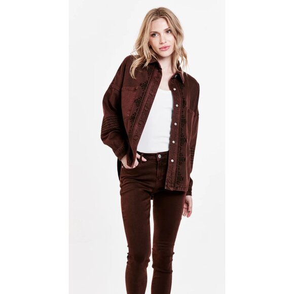 Dear John Denim Gina Denim Shirt Jacket in Dark Mahogany - Sz L - NWT - Picture 1 of 9